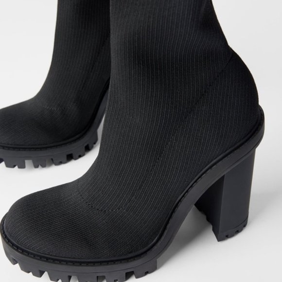 Zara Black Sock Style Heeled Ankle Boots With Lug Soles, 7.5 - Picture 15 of 15